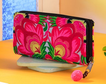 Cartera con flores bordadas Hmong, estilo bohemio étnico con pompón - WA301FWHI