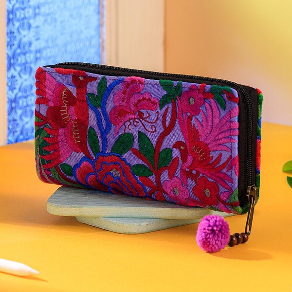 Handcrafted Boho Wallet, Purple Garden Embroidered Purse for Women,  Bohemian Wallet, Unique Purse from Thailand - WA301PURG