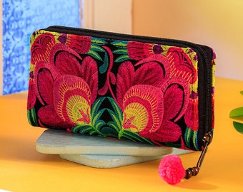 Red Flower Boho Wallet for Women, Hmong Embroidered Purse, Bohemian Wallet from Thailand, Ethnic Wallet with Pom Pom - WA301FRED