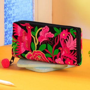 Unique Garden Embroidered Wallet Handmade by Hmong Tribe from Thailand, Festival Wallet for Women, Unique Purse with Pom Pom - WA301BLAG