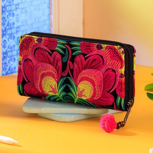 Red Flower Boho Wallet for Women, Hmong Embroidered Purse, Bohemian Wallet from Thailand, Ethnic Wallet with Pom Pom - WA301FRED