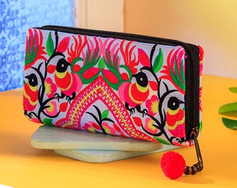 Hmong Embroidered Boho Wallet, Peacock Pattern Purse with Pom Pom - WA301WHIP