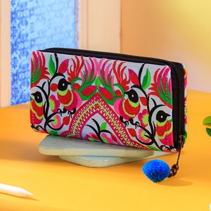 Handcrafted Wallet for Women with Hmong Embroidery, Peacock Pattern Boho Purse from Thailand, Unique Wallet with Pom Pom - WA301BLUP