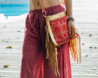 Boho Hmong Embroidered Fringe Sling Bag, Vintage Crossbody Purse - BG24VORG