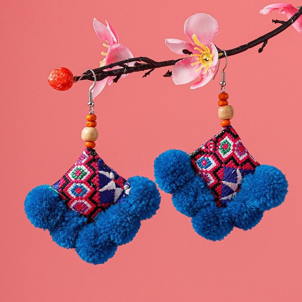 Blue Pom Pom Earrings from Thailand, Hmong Earrings, Tribal Earrings, Thai Earrings, Boho Earrings, Festival Earrings - JE30-0BLUE