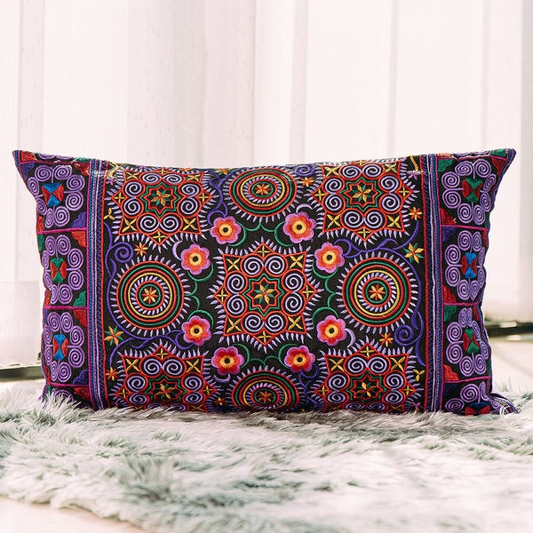 12x20 Purple Hmong Tribe Embroidered Throw Pillow Cases, Boho Pillow Cases, Bohemian Cushion Cover, Hippie Pillow Cover - CS10-4PUR