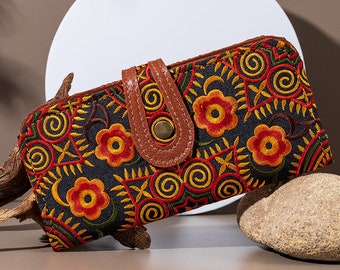 Cartera bordada con estrellas de moca de la tribu Hmong, bolso de mano bohemio de cuero, bolso tailandés hecho a mano