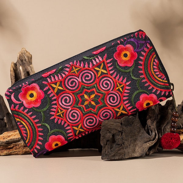 Red Zigzag Hmong Tribe Embroidered Wallet for Women, Boho Clutch Purse, Hippie Long Wallet Handbag, Ethnic Wallet - WA301FCPUR