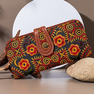 Yellow Zigzag Shell Wallet for Women, Unique Purse Handbag by Hmong Tribe, Boho Embroidered Clutch Wallet - BG56FCYEL