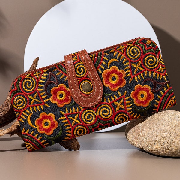 Yellow Zigzag Shell Wallet for Women, Unique Purse Handbag by Hmong Tribe, Boho Embroidered Clutch Wallet - BG56-1YEL