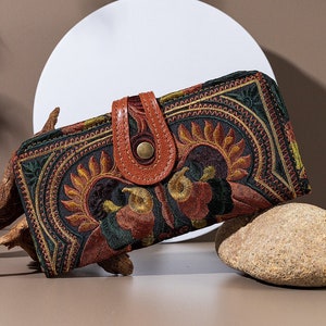 OVER THE MOON Mocha Bird Pattern Women's Wallet, Hmong Embroidered Long Purse from Thailand, Genuine Leather Wallet in Brown - BG56MB