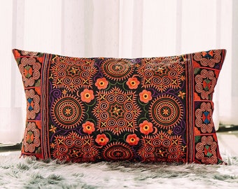 12x20 Red Throw Pillow Cases with Hmong Tribe Embroidery, Bohemian Cushion Cover, Boho Pillow Cover, Hippie Pillow Cases - CS10-4RED