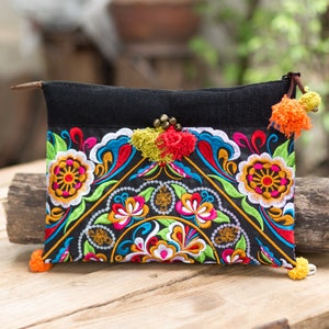 Colorful Hmong Embroidered Women&#39;s Clutch Bag/Ipad Holder Decorated Tassels, Pom Pom, Brass Bells Made by Thai Artisan - BG507FU1BLA