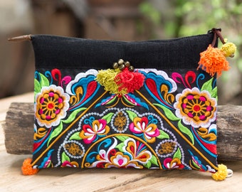 Colorful Hmong Embroidered Women's Clutch Bag/Ipad Holder Decorated Tassels, Pom Pom, Brass Bells Made by Thai Artisan - BG507FU1BLA