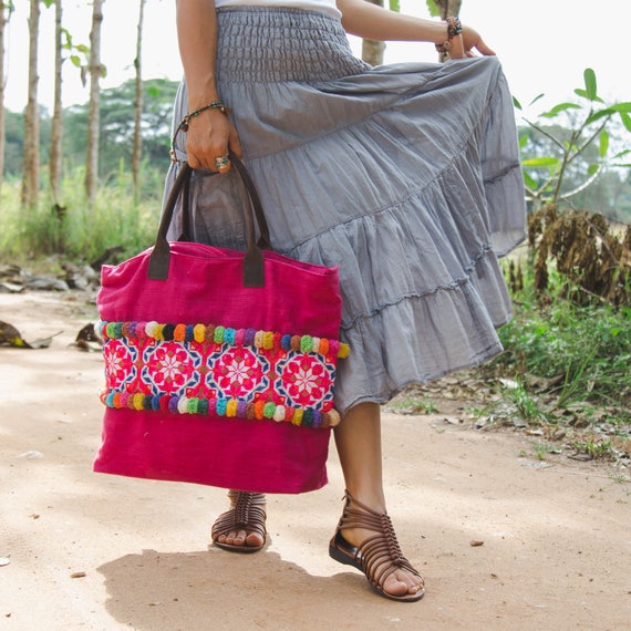 Hippie Handmade Shoulder Beach Bag Tote Boho Chic Patchwork Embroidered  Purse Red