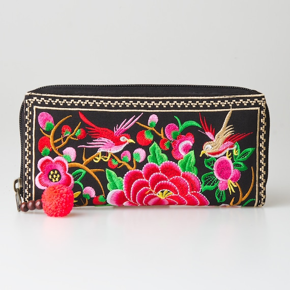 Changnoi Hmong Embroidered Red Floral Wallet for Woman with Genuine Leather Bohemian Wallet