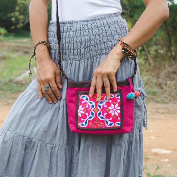 Embroidery Sling Crossbody Bag with Pompoms Embroidery Sling Crossbody Bag with Pompoms
