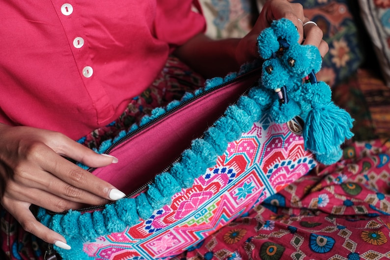 Blue Pom Pom Clutch Bag, Boho Wristlet with Hmong Hill Tribe Embridered Star Pattern, Festival Purse, Bohemian Bag BG0041-00-BLU image 6