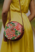 FULL MOON Garden Embroidered Round Crossbody Bag with Brown Genuine Leather, Unique Hmong Crossbody Bag for Women - BG0048-02-YEL product logo