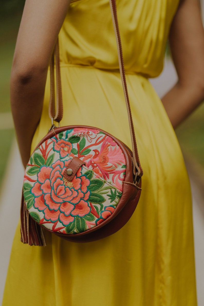 FULL MOON Garden Embroidered Round Crossbody Bag with Brown Genuine Leather, Unique Hmong Crossbody Bag for Women BG0048-02-YEL image 1