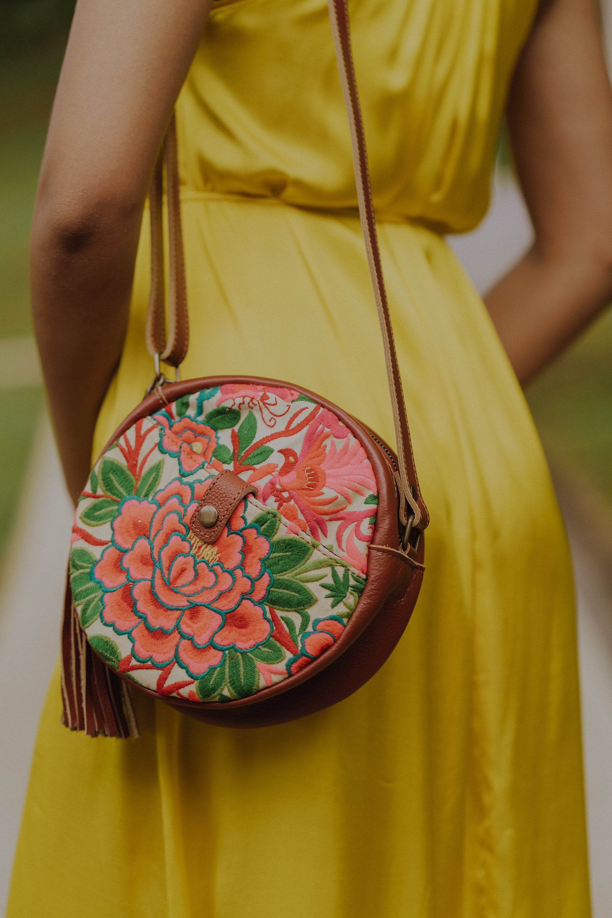 FULL MOON Garden Embroidered Round Crossbody Bag With Brown