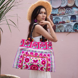 Silk Worm Beach Tote Bag with Hmong Hill Tribe Embroidery, Tote Bag, Boho Tote Bag, Ethnic Tote Bag, Flower Tote Bag BG301WHIW image 2