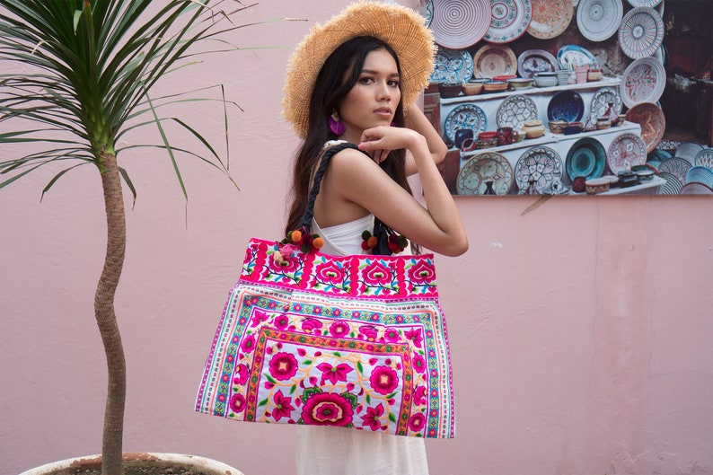 Silk Worm Beach Tote Bag with Hmong Hill Tribe Embroidery, Tote Bag, Boho Tote Bag, Ethnic Tote Bag, Flower Tote Bag BG301WHIW image 2