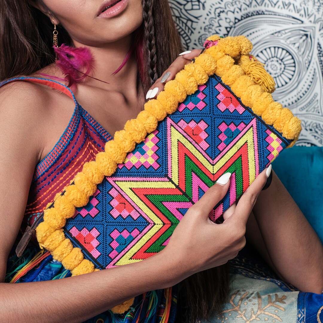 Yellow Pom Pom Clutch Bag With Hmong Hill Tribe Star Embroidered ...