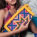 Yellow Pom Pom Clutch Bag with Hmong Hill Tribe Star Embroidered Pattern, Artisan Wristlet, Festival Bag, Boho Clutch Bag - BG41STBLA product logo