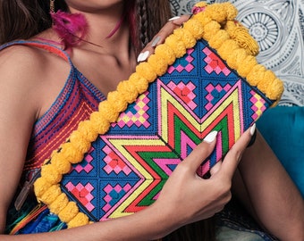 Yellow Pom Pom Clutch Bag with Hmong Hill Tribe Star Embroidered Pattern, Artisan Wristlet, Festival Bag, Boho Clutch Bag - BG0041-00-YEL