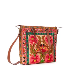 Orchid Hmong Embroidered Tote Bag with Adjustable Leather Crossbody Strap, Boho Beach Tote Bag from Thailand BG0055-00-YEL image 5