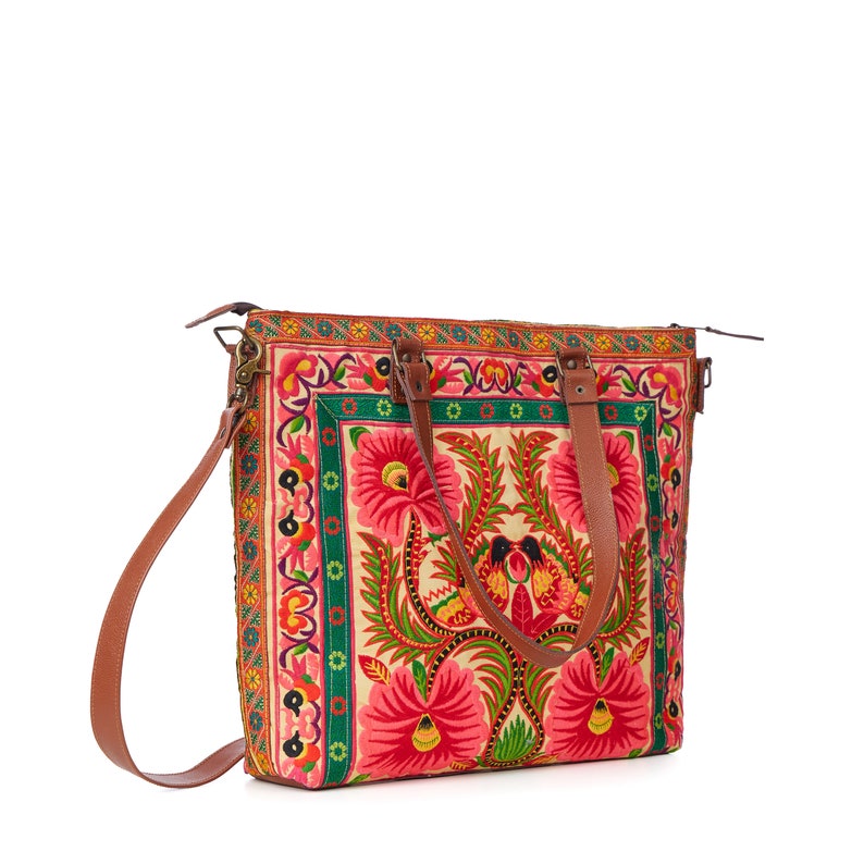Orchid Hmong Embroidered Tote Bag with Adjustable Leather Crossbody Strap, Boho Beach Tote Bag from Thailand BG0055-00-YEL image 5