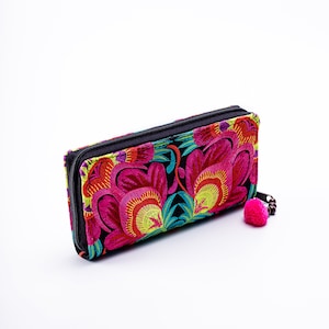 Red Flower Boho Wallet for Women, Hmong Embroidered Purse, Bohemian Wallet from Thailand, Ethnic Wallet with Pom Pom WA301FRED image 5