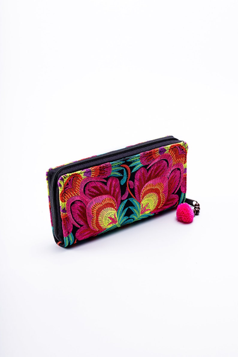 Red Flower Boho Wallet for Women, Hmong Embroidered Purse, Bohemian Wallet from Thailand, Ethnic Wallet with Pom Pom WA301FRED image 5