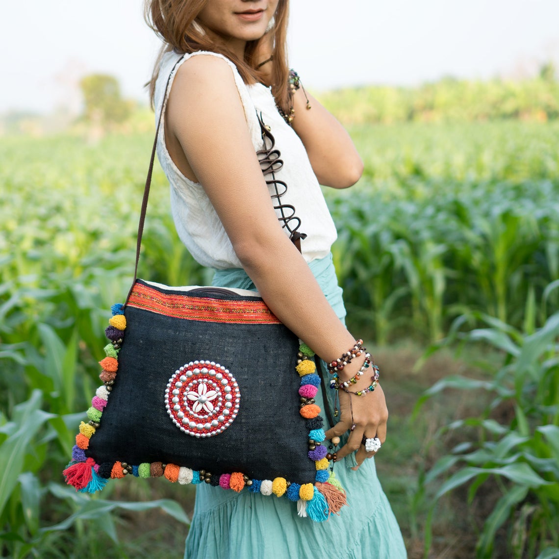 Unique Hemp Crossbody Bag With Colorful Pom Pom Decoration Etsy