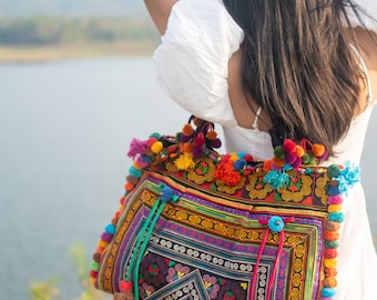 Large Hmong Diamond Tote Bag, Boho Embroidered Beach Bag, Made in Thailand - BG66ORGDIA