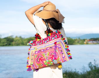 Flower Hmong Embroidered Tote Bag, Large Boho Beach Bag, Handmade Thailand