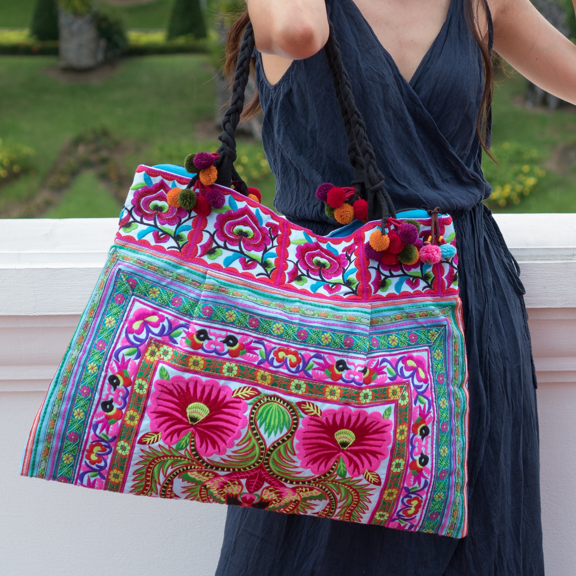 Blue Flower Large Tote Bag With Hmong Hill Tribes Embroidery