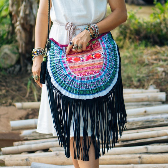 Boho Fringe Crossbody Bag for Women With Vintage Hmong Hill 