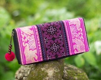 Magenta Elephant Pattern Clutch Wallet for Women with Hill Tribe Hmong Embroidered, Pom Pom Zip Pull Purse- WA301ELVMA