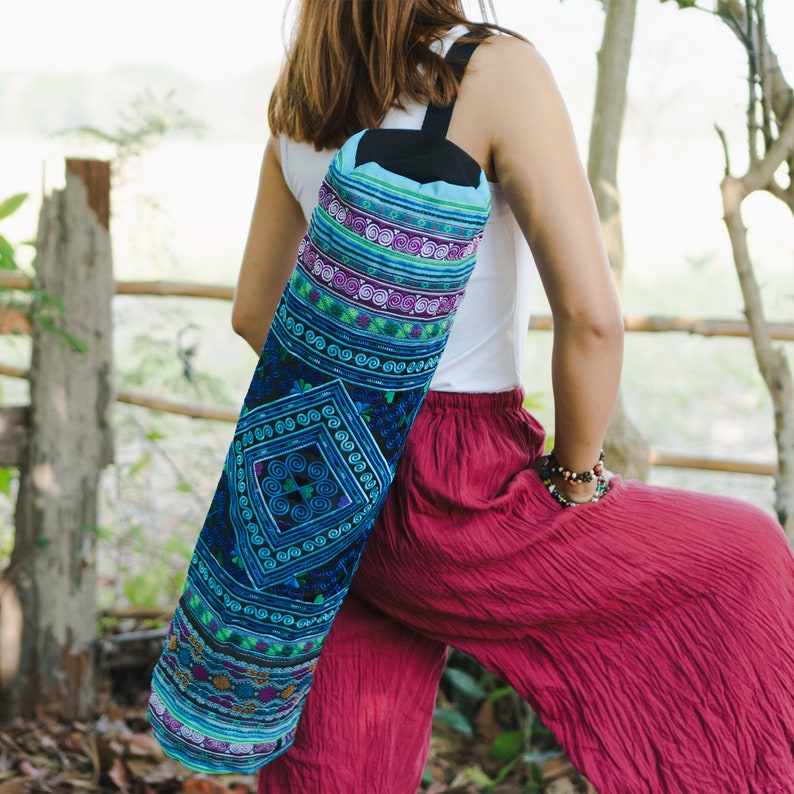 BG316BLUDIA Handcrafred Fair Trade Yoga Mat Bag for Yogi Ethnic Yoga Mat Bag with Diamond Hmong Hill Tribe Embroidered in Blue