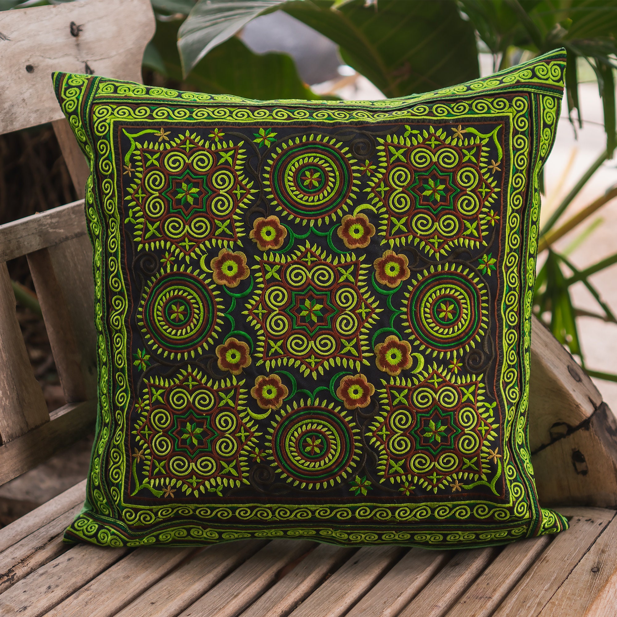 Embroidered Thai Cushion Covers Ethnic Tribal Bird Design Green Order