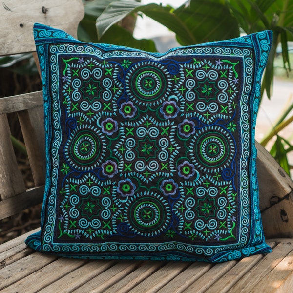 Blue Hmong Traditional Embroidered Pillow Cases, Decorative Ethnic Cushion Cover,  Pillow Cover, Boho Pillow Case - CS101FCBLU