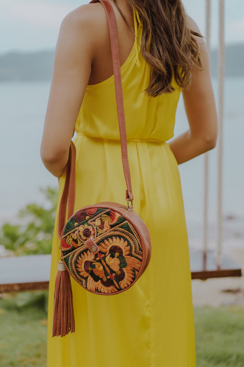 Yellow Bird Pattern Leather Round Crossbody Bag for Women, Unique Hmong Embroidered Crossbody Bag BG0048-01-YEL image 1