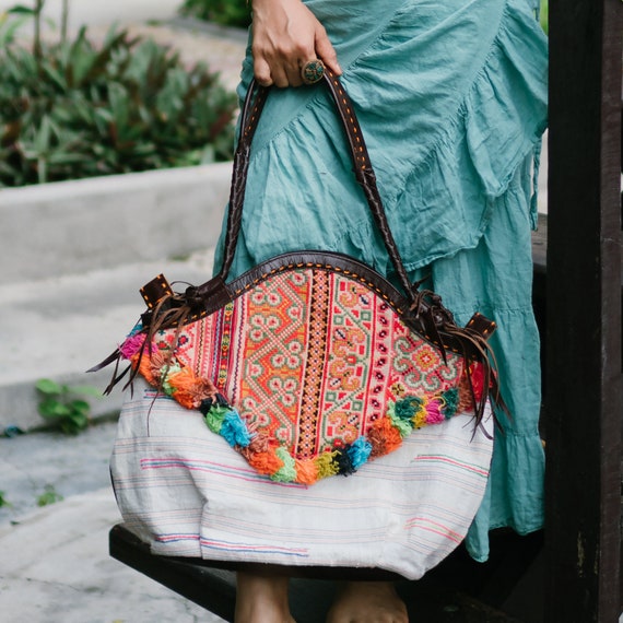 One of a Kind Handcrafted Beach Tote Bag for Women Vintage Hmong Embroidery Shoulder Bag Decorative With Pom Pom Tassels BG0021 00 ORG Etsy