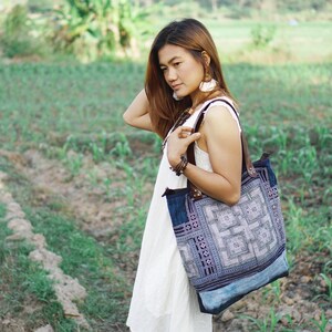 Unique One of a Kind Women's Tote Bag, Welcome Bag with Vintage Hmong Embroidered Fabric, Leather Strap, Tote Bag for Woman image 5