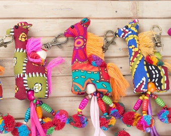 Mini Giraffe Doll Key Chain Bag Accessories Zip Pull Pom Pom Tassel Handmade (AC101BLUG)