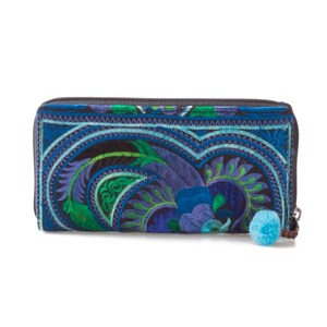 Handcrafted Blue Bird Pattern Hmong Embroidered Wallet/Purse with Pom Pom for Women WA301BLUB image 2