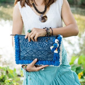 Unique Woman's Batik Clutch Bag/Ipad Holder with Blue and White Pom Pom BG515BABLU image 3