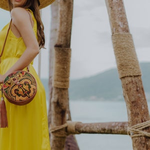 Yellow Bird Pattern Leather Round Crossbody Bag for Women, Unique Hmong Embroidered Crossbody Bag BG0048-01-YEL image 3